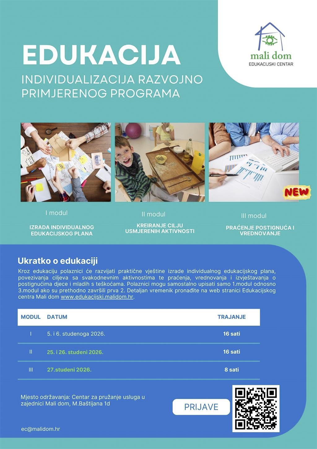 Prijave za edukaciju Individualizacija razvojno primjerenog programa - novi datumi 2. i 3. modula