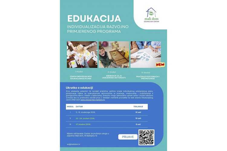 Prijave za edukaciju Individualizacija razvojno primjerenog programa - novi datumi 2. i 3. modula